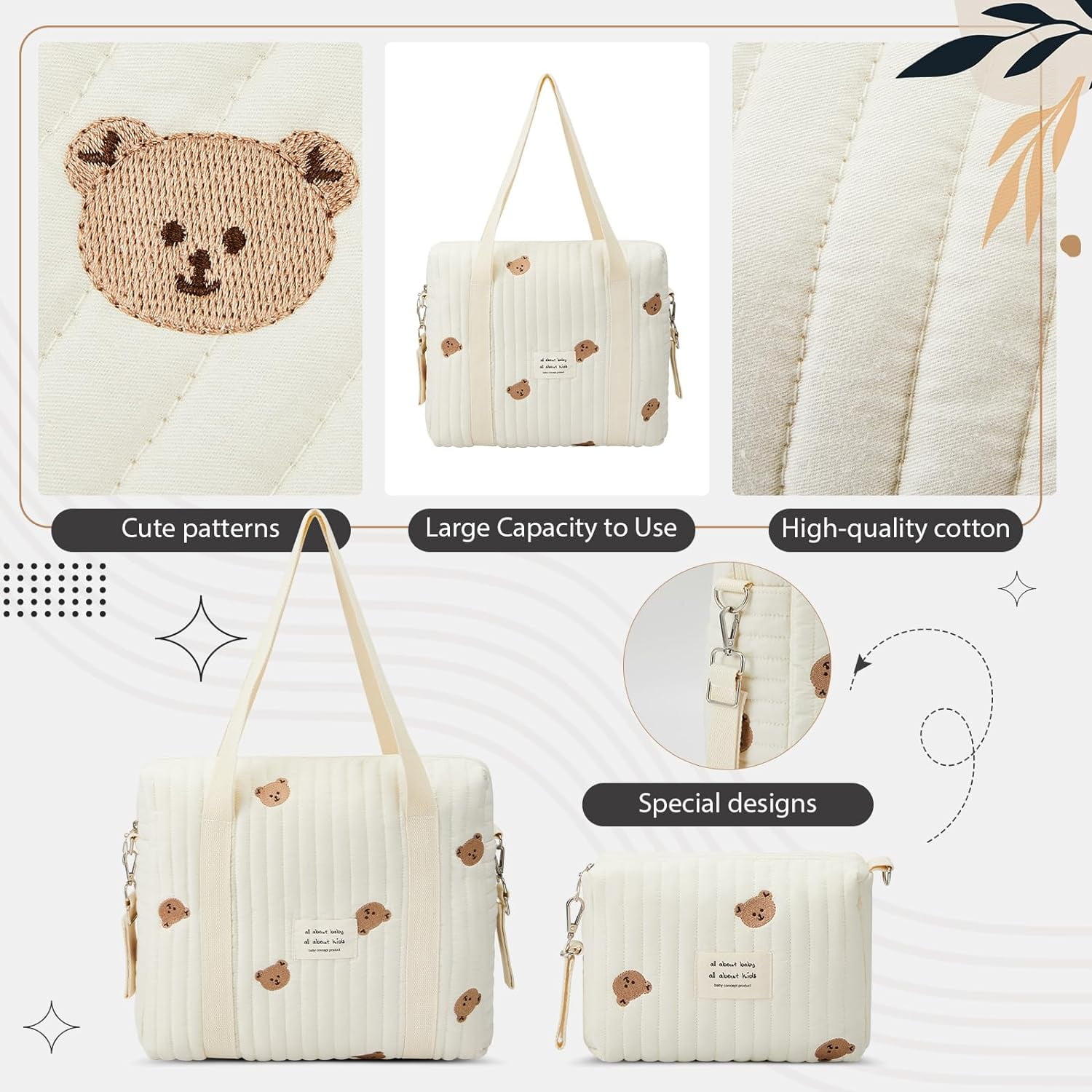2 Pcs Diaper Bag Tote for Baby Small Multifunction Maternity Bag Quilted Cotton Cute Stroller Storage Bag Travel