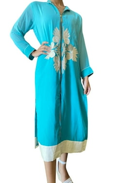 Mogul Women Aqua Blue Solid Georgette Long Tunic Front Zip Bohemian Fashion Tunic Dresses M