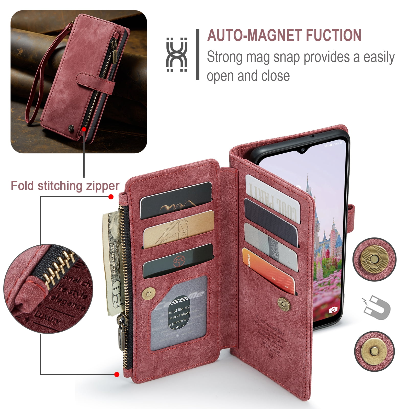Dteck Wallet Case for Samsung Galaxy S25 Ultra,Magnetic Retro Leather Case Flip Folio Zipper Purse with Card Holder Slot Kickstand Shockproof Phone Cover for Samsung Galaxy S25 Ultra 5G,Red