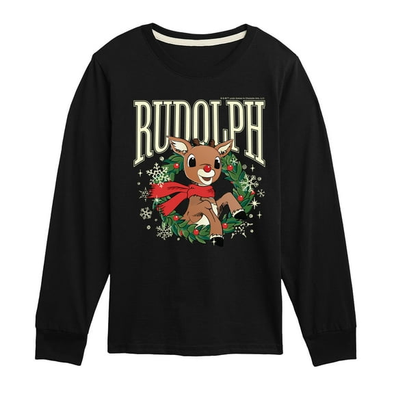 Rudolph - Rudolph Wreath Collegiate - Youth Long Sleeve Graphic T-Shirt