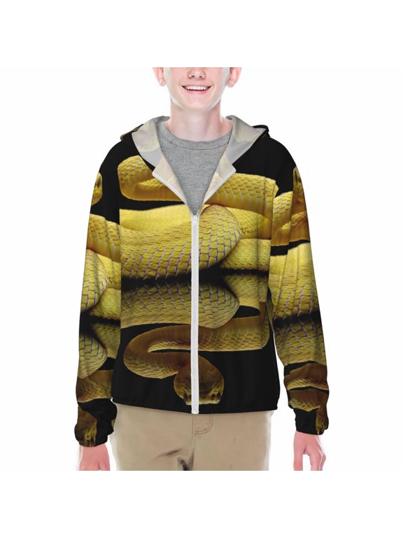 Yellow White-Lipped Pit Viper Print Fishing Shirts for teenager Long Sleeve UV Sun Protection Hoodie with Zipper Outdoor Hiking Shirts-Large
