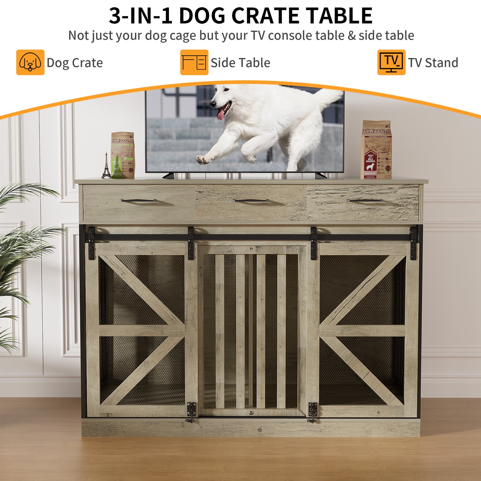 Casendy Dog Crate Furniture with Adjustable Divider for 2 Dogs, Heavy Duty Dog Kennels with 3 Drawers and Sliding Doors, Media Console Dog Cage for Living Room, Gray