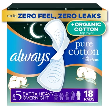 Always Pure Cotton Pads with Organic Top Layer Size 5, Pad with WIngs, Extra Heavy Overnight, 18 Count