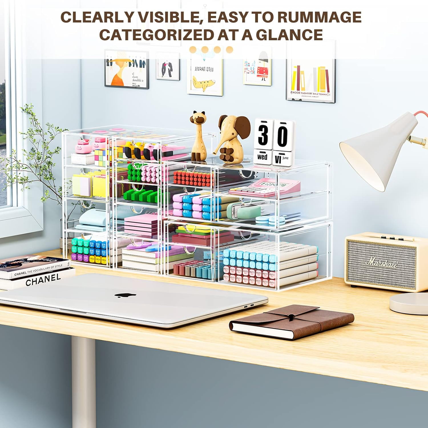 Makeup Organizer Storage with 16 Drawers, Desktop Office Supplies, Desk Organizers, Clear Accessories, Dustproof Storage Drawer for Make Up, Jewelry, Pen, Stationary