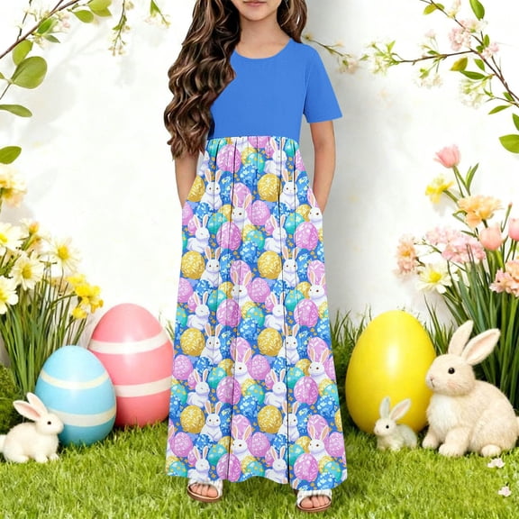 Maqroz Easter Dresses for Girls Floral Casual Crew Neck Short Sleeve Pleated Summer Maxi Dress with Pockets Pleated Loose A Line Swing Cute Sundress Floral Long Tube Dress 4-14 Years