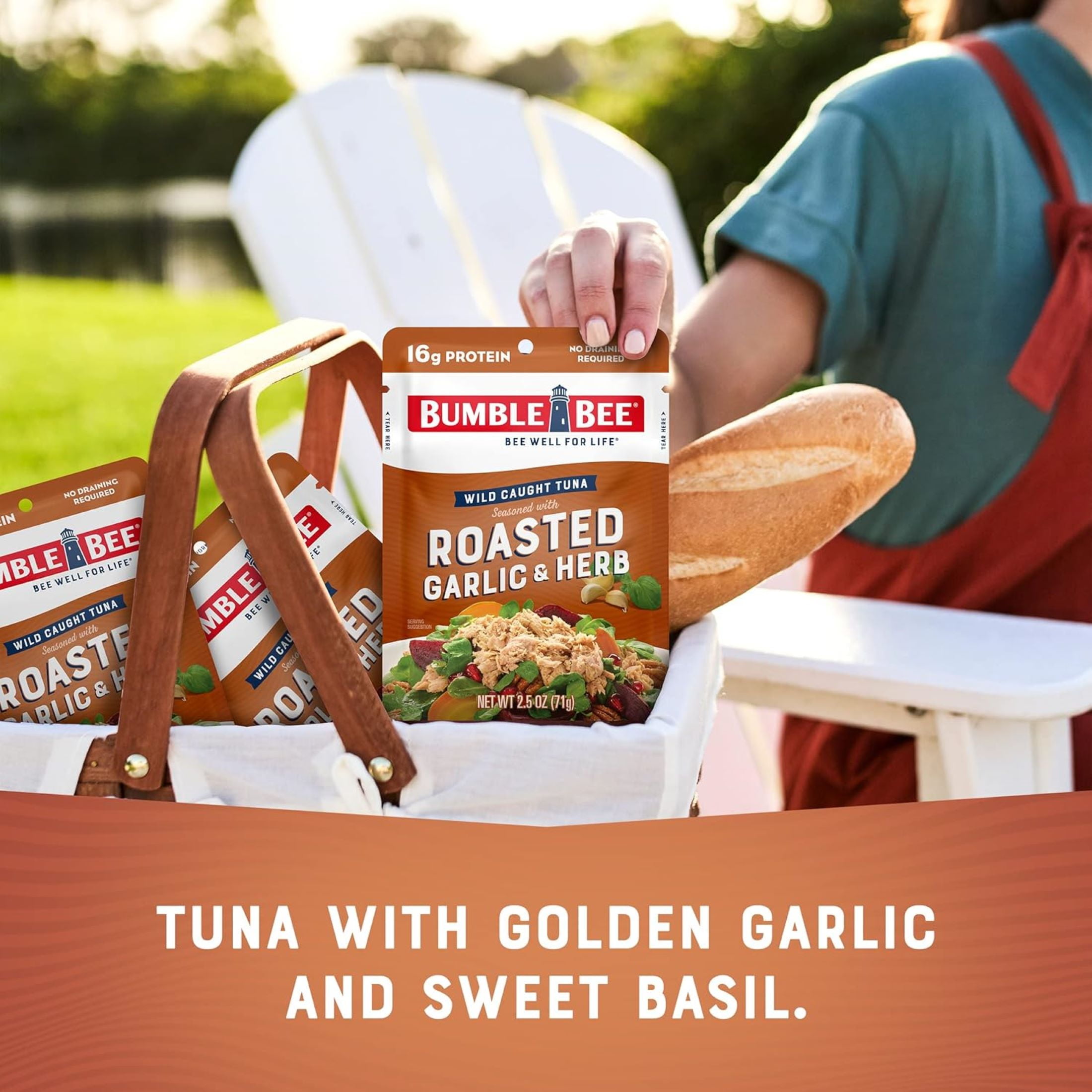 (12 pack) Bumble Bee Roasted Garlic & Herb Seasoned Light Tuna, Wild Caught, Gluten Free, 16g Protein per Serving, Shelf Stable Pouch, 2.5 oz