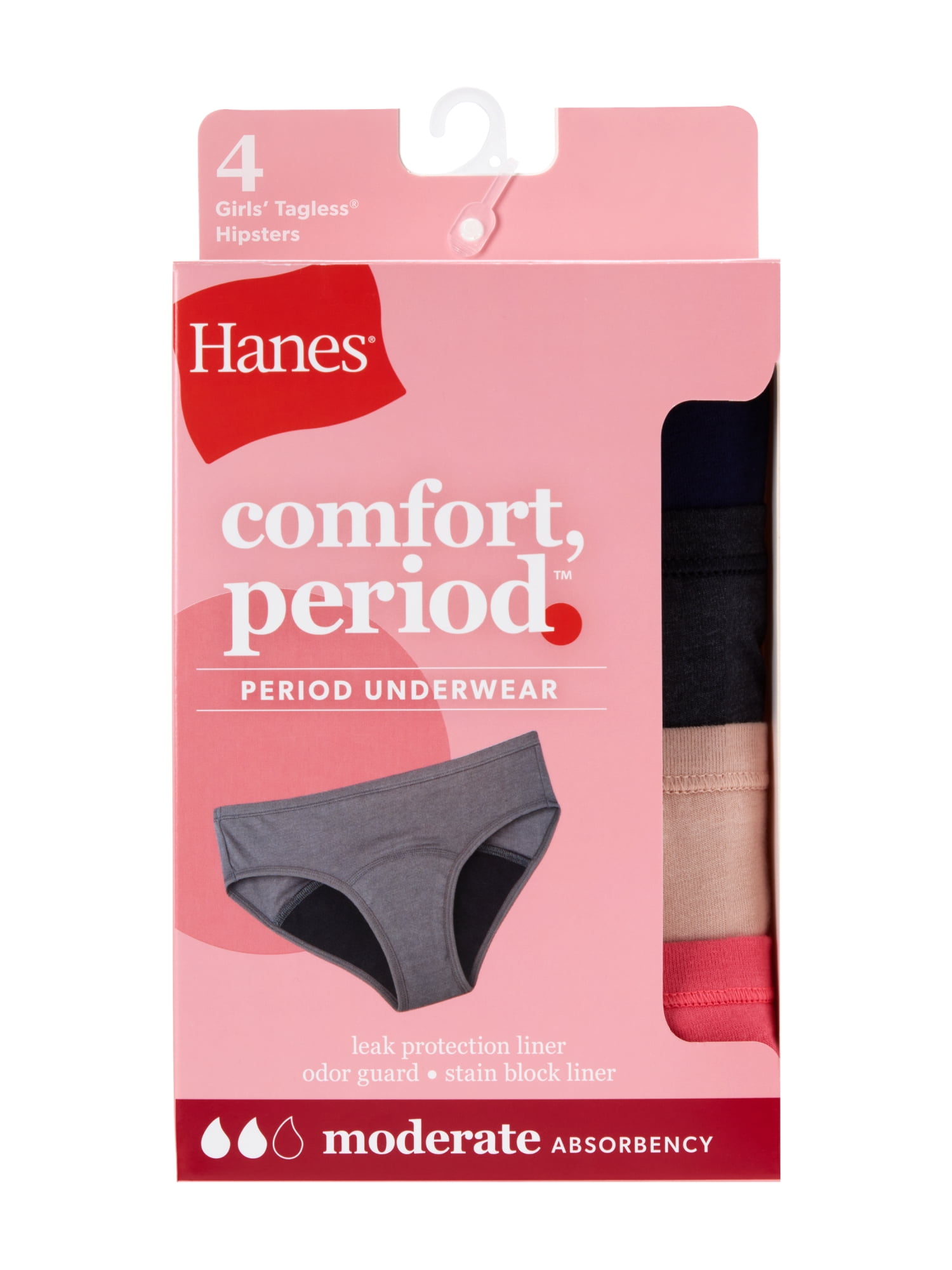 Hanes Girls' Tagless Hipster Period Panty, 4 Pack
