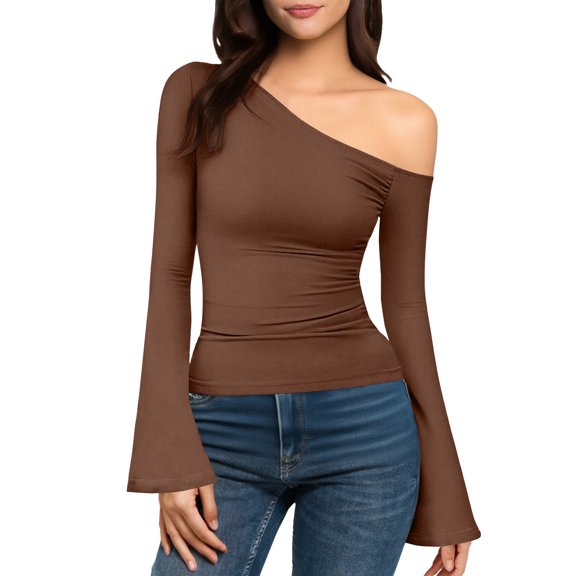 LEBONYARD Women's Trendy Round Neck Chic Sloping Off Shoulder Design Solid Color Long Sleeve Comfortable Thermal Thumb Holes Pullover Base Layer Tops