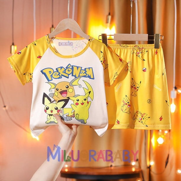 Conjunto de ropa de Pikachu Pokemon para niños y niñas, camiseta de manga corta, pantalones cortos, chándal deportivo, conjuntos de pijamas, 2023 qym unisex