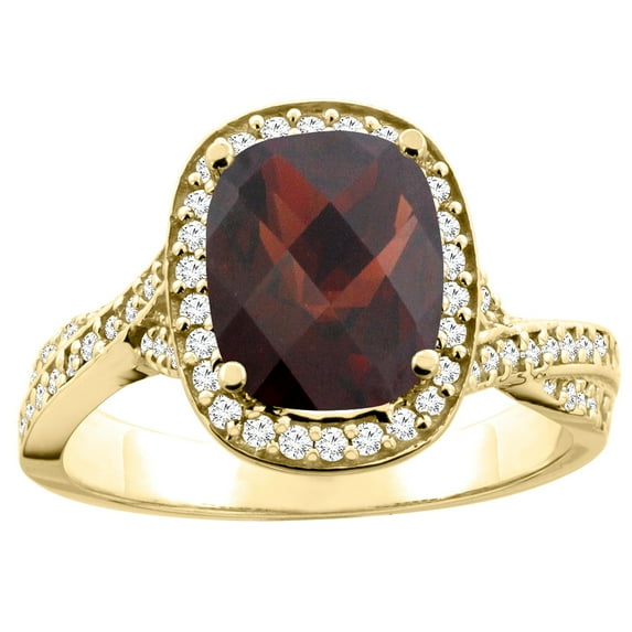 14K Yellow Gold Natural Garnet Halo Ring Cushion 9x7mm Diamond Accent 1/2 inch wide, size 6.5