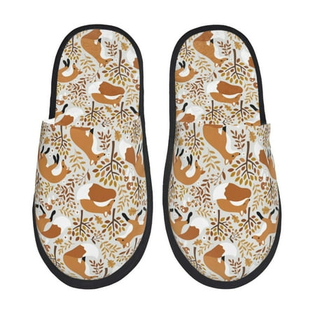 Balery Autumn Fox with Brown Plants Slient Indoor Furry Fleece Comfort House Shoes Soft Non-Slip Home Shoes Cotton slippers House Slippers-- Large