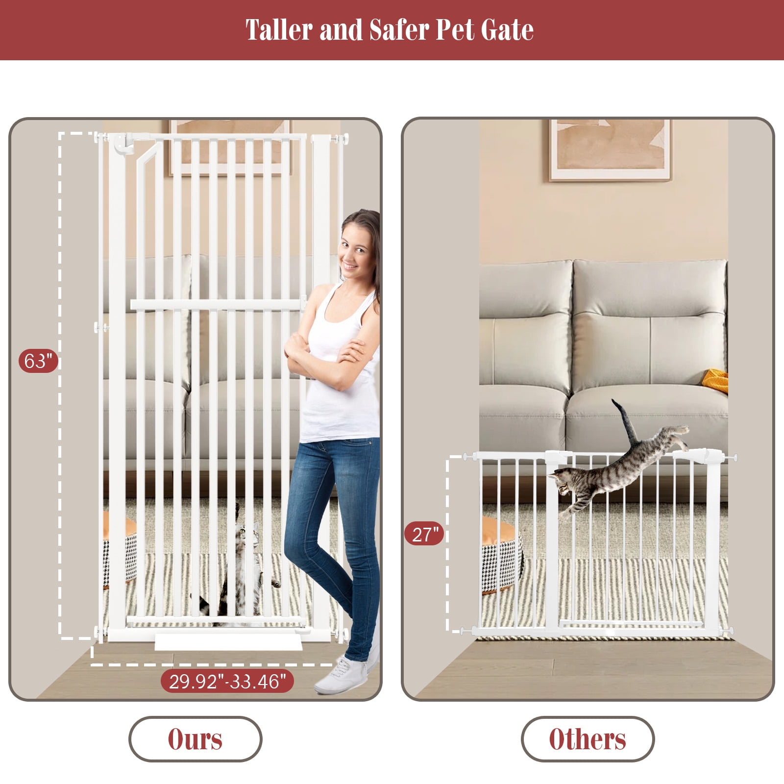 KORIMEFA 63" Extra Tall Baby Gate for Stairs 30"-33" Extra Wide Dog Gate for Doorways Hallways, Pressure Mounted Child Gate for Wide Opening, Auto Close Personal Safety for Babies and Pets, White