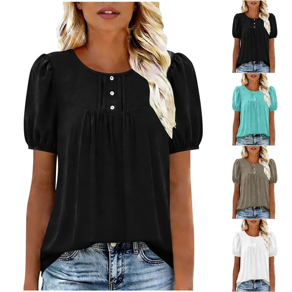 justHIGH Pleated Puff Sleeve Tunic Tops for Women Short Sleeve Button Henley Shirts Plus Size Loose Fit Summer Tops Blouse Black,S