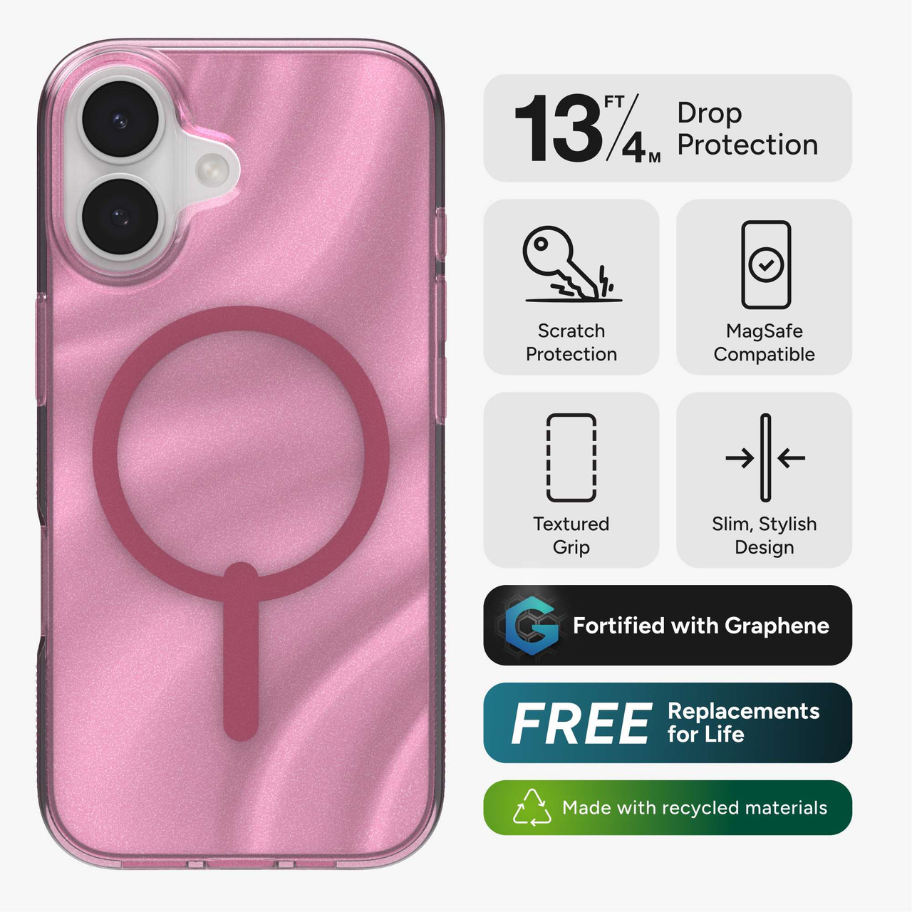ZAGG Milan Snap Case For iPhone 17 - Pink Glimmering Wave Graphene Strengthened Phone Case with Drop Protection (13ft/4m) Textured Edges & Sparkle Design MagSafe Charging Compatible