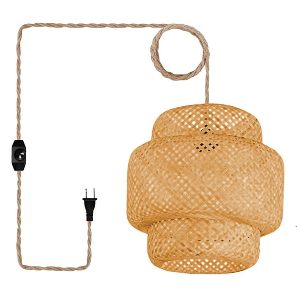 Yinanstore Plug In Pendant Light, Hanging Light With 14 Ft Rope Cord, Bamboo Lamp Shade Wicker Rattan Hanging Lights Fixture For Bedroom, Kitchen Isla
