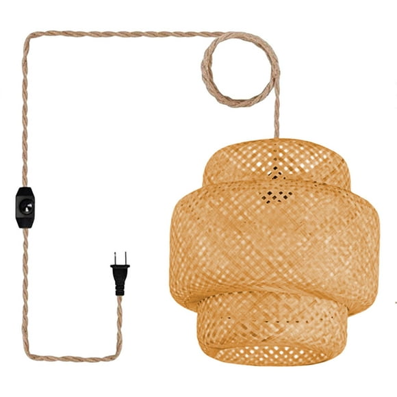 Plug in Pendant Light, Hanging Light with 14 Ft Rope Cord, Bamboo Lamp Shade Wicker Rattan Hanging Lights Fixture for Bedroom, Kitchen Island 35CM
