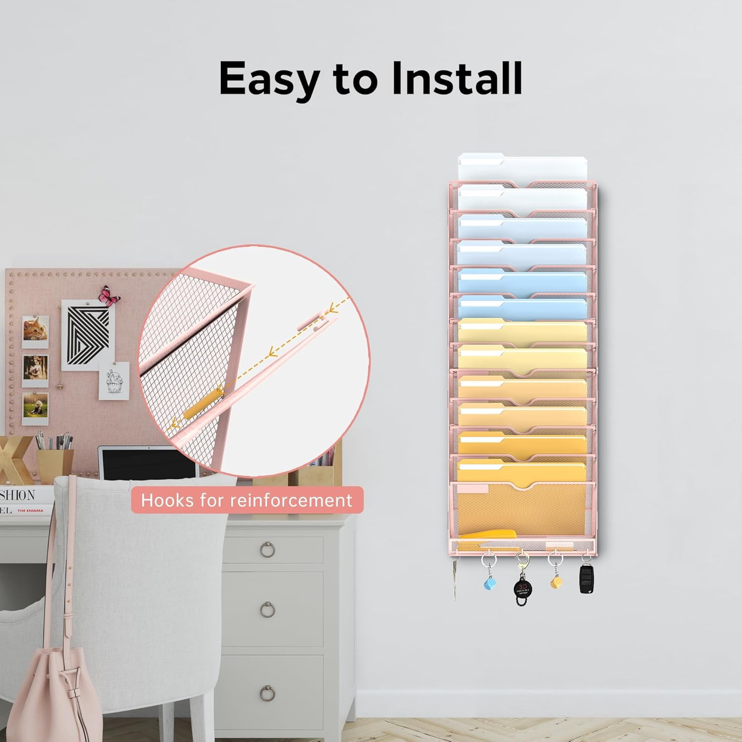 INTIGE 13-Tier Metal Wall File Organizer with Hooks, Hanging Paper Organizer, Pink, Screw Mount