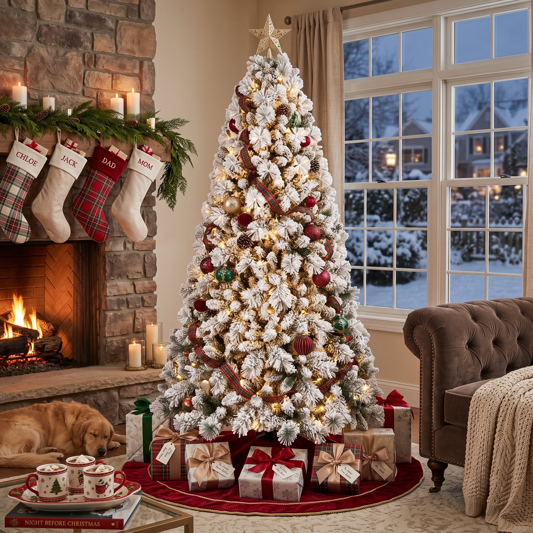 4ft Hinged Full Snow-Flocked Christmas Tree with 350 Mixed PVC & Pine Needles Tips