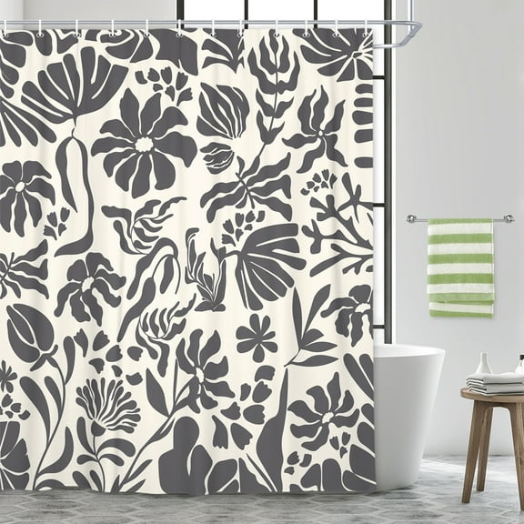 Boho Floral Botanical Shower Curtain, Cute Black Abstract Mid Century Morden Flowers Leaves Plant Bathroom Curtain, Spring Summer Retro Funky Aesthetic Bathroom Decor Shower Cutain Sets, 60X70in