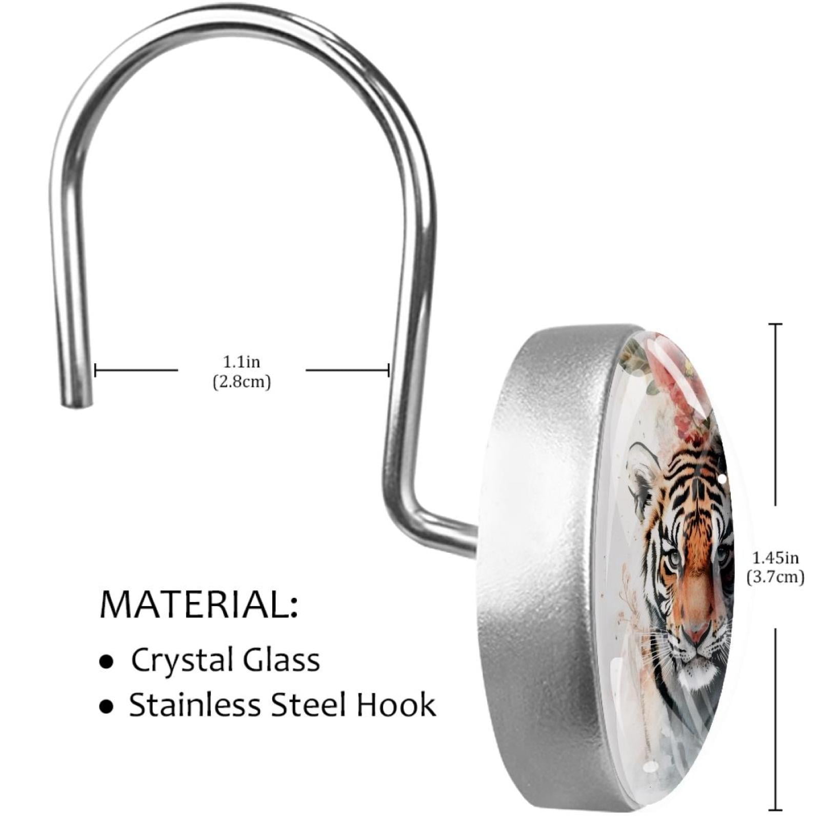 Tigers with Hibiscus Flower Shower Curtain Hooks Round Crystal Glass, Set of 12 Shower Curtain Rings - Shower Hooks for Curtain Shower Rings