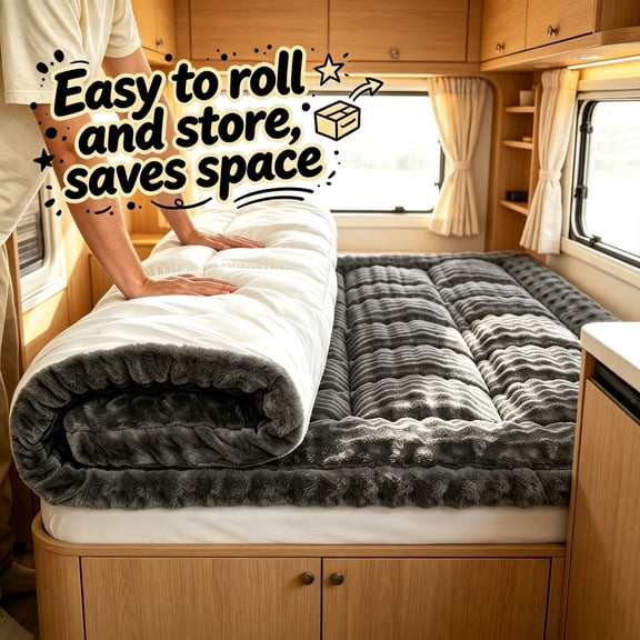 RV Mattress Topper, Pillow Top Faux Fur Mattress Pad Topper, Soft Fluffy Mattress Protector with High-Quality Polyester, Ideal for RV, Camper, Travel Trailer, Sofa & Bedroom