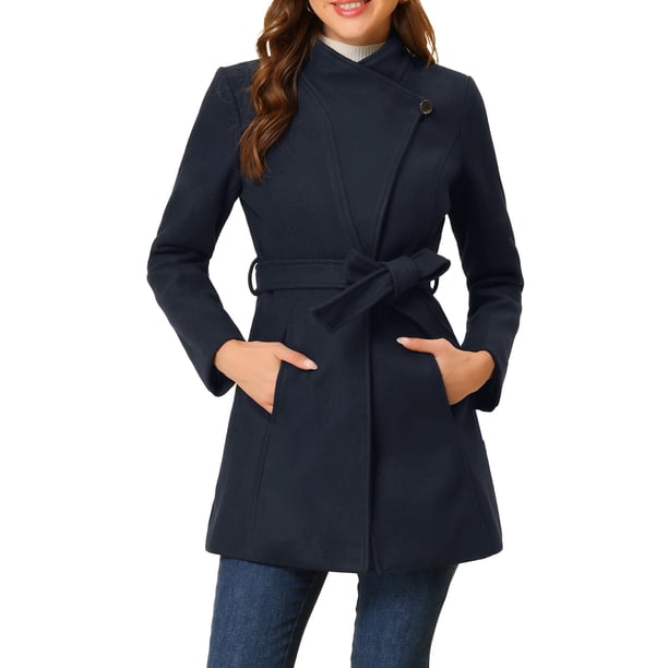 Abrigo largo de invierno con cinturón para mujer, clásico, de cuello alto, de manga larga, color azul oscuro
