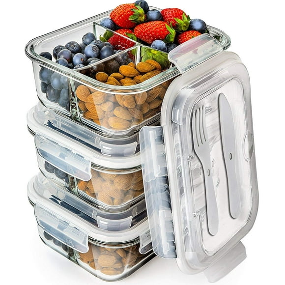 PrepNaturals 3 Pack 34 Oz Glass Meal Prep Containers - Dishwasher Microwave Freezer Oven Safe - Glass Storage Containers with Lids (Multi-Compartment)