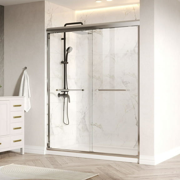 60 in. W x 76 in. H Double Sliding Framed Shower Door in Silver with 1/4 in. (6 mm) Clear Glass