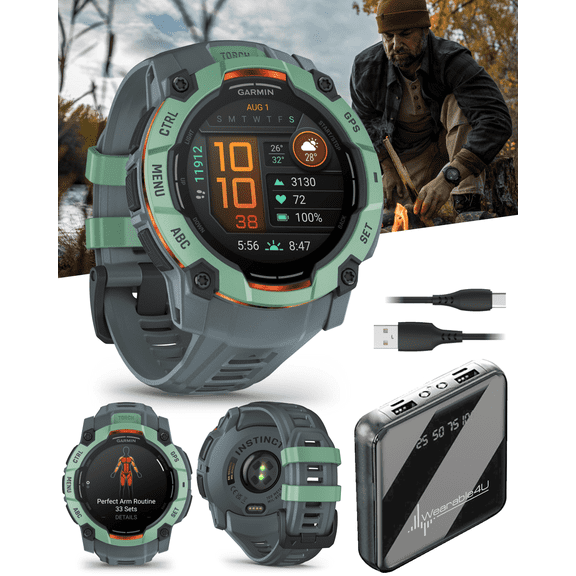 Garmin Instinct 3 50 mm, AMOLED Display, Rugged Outdoor GPS Smartwatch, Metal-Reinforced Bezel, Built-in Flashlight, Up to 18 Days of Battery Life, Neotropic with Twilight Band with Wearable4U Bundle