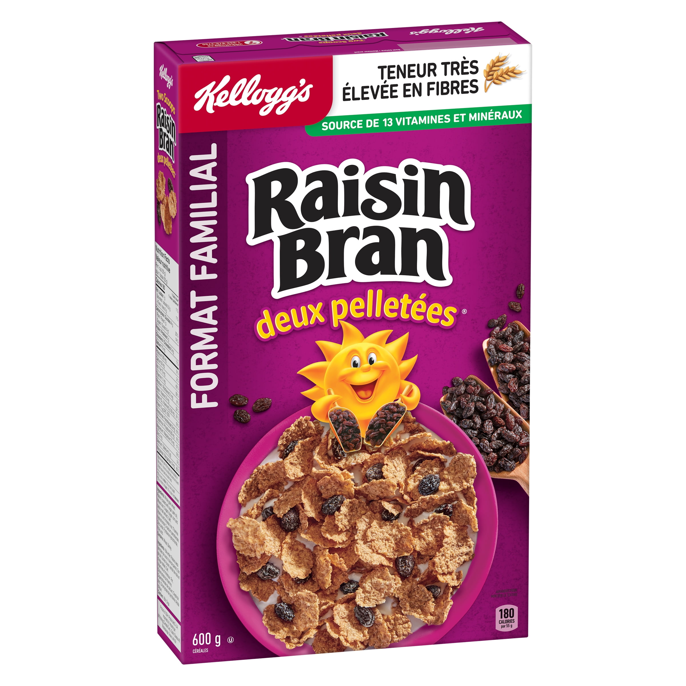 Kellogg's* Two Scoops* Raisin Bran Cereal Family Size, 625 g, Kellogg's* Two Scoops* Raisin Bran cereal is a delicious combination of crispy bran flakes & sweet sun-ripened raisins. Each serving is a source of 12 vitamins & minerals, has no artificial flavours or colours and is a very high source of fibre.