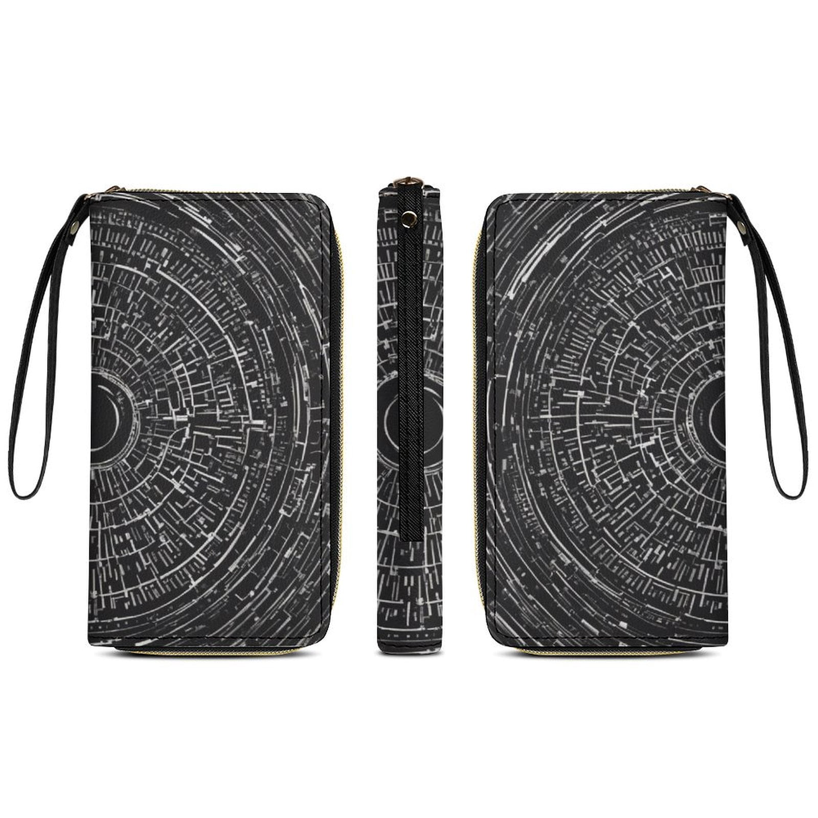 Womens Wallet Bifold Ladies Cluth Bag Wristlet Wrist Strap Long Purse Boho Black Circle Design