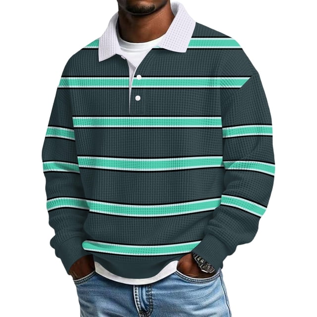 Ceisia Men's Vintage Waffle Knit Polo Sweater | Loose Drop-Shoulder Color Block Striped Long Sleeve Pullover Gifts