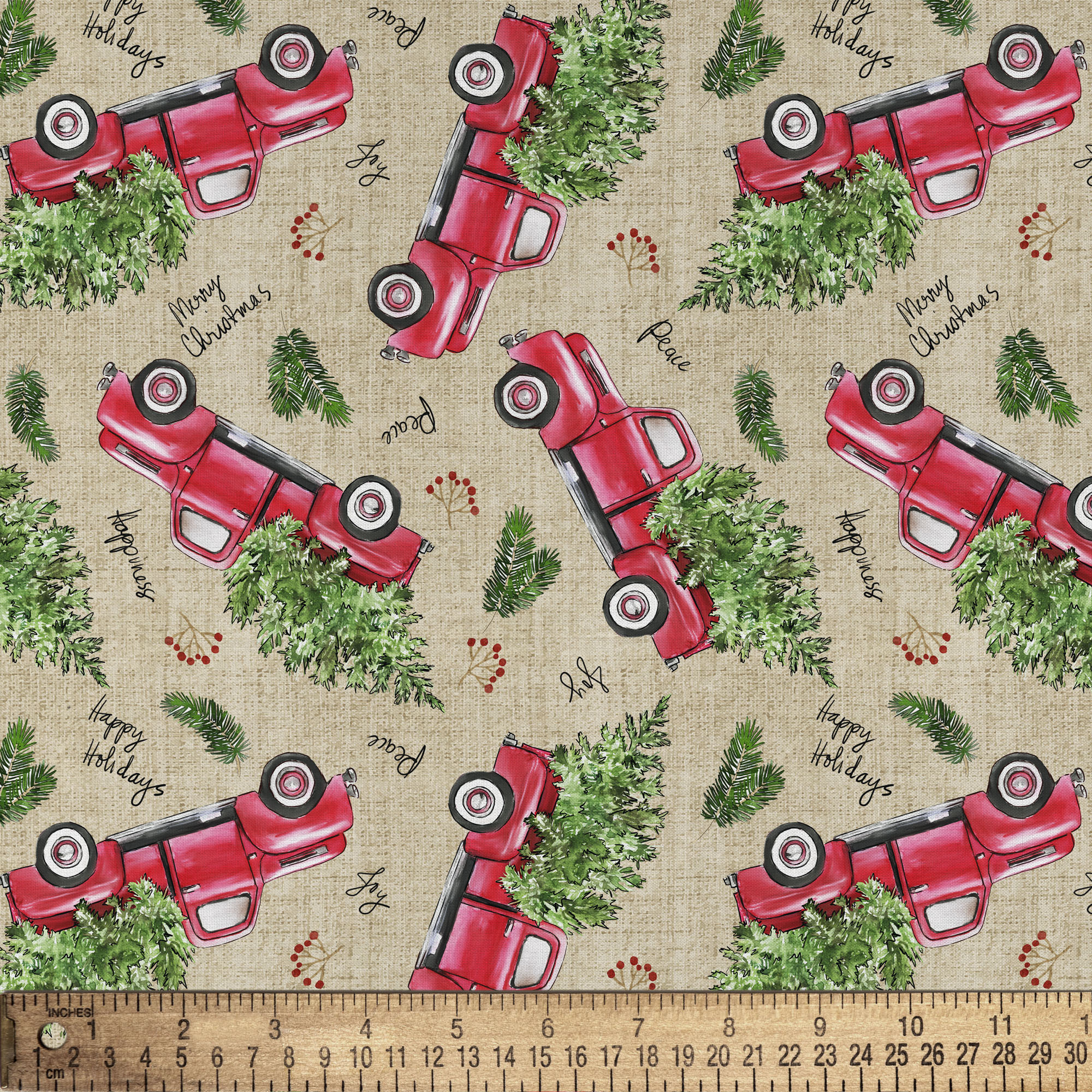 (2 pack) David Textiles 1-Yard Cotton Vintage Christmas Trucks Precut Fabric, Red