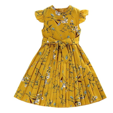 

CLZOUD Dress for Girls Yellow Polyester Kids Toddler Girls Sweet Dress Ruffled Sleeve Floral Print Summer A Line Princess Dress Outfits 6Y