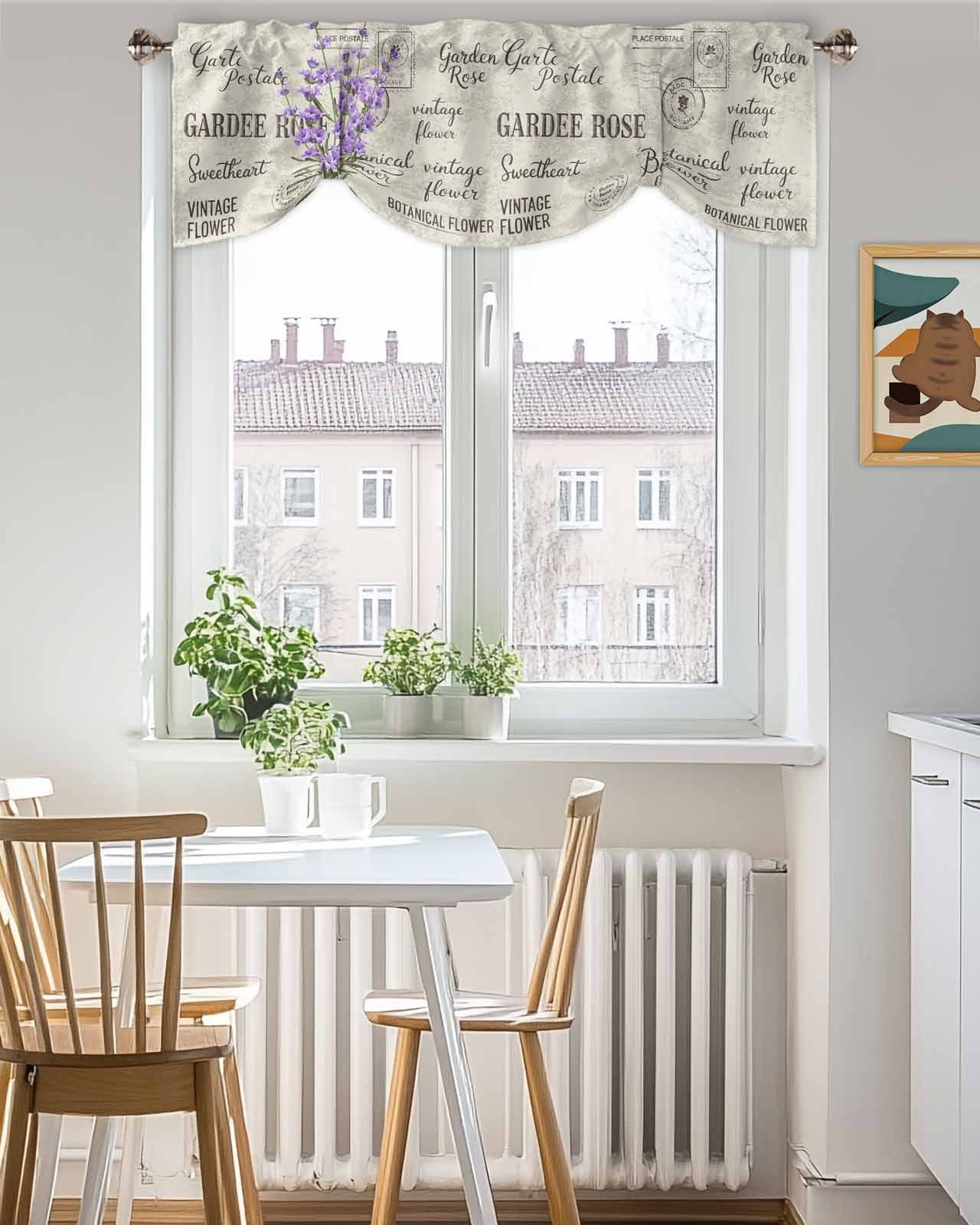 Purple Lavender Tie Up Valances Curtain, Vintage Letter Texture Flowers Floral Kitchen Valances for Windows Decor, Rod Pocket Short Curtains Set for Bedroom/Bathroom, 54"x18"