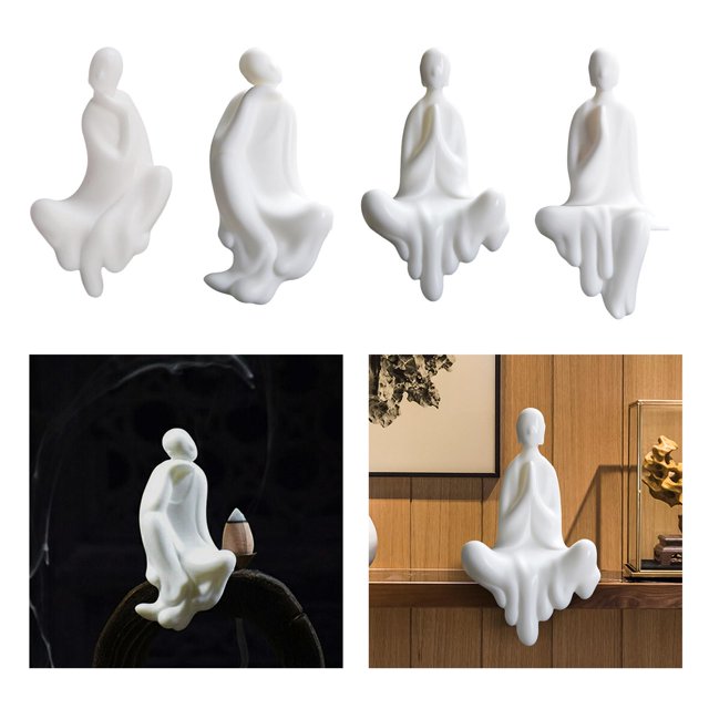 Juego de 4 adornos de estatua de Buda sentado de cerámica blanca, decoración de obras de arte, estante de regalo, lindo, delicado, pacífico, creativo, Macarena Estatua de Buda