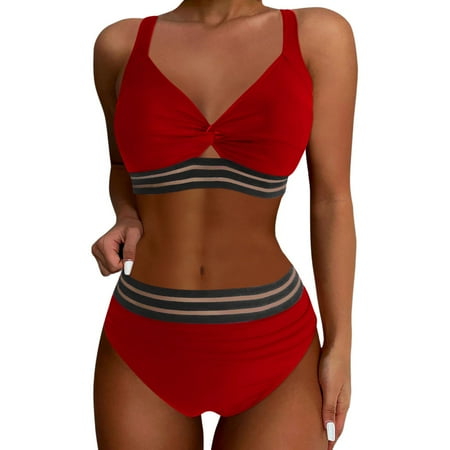 Womens Bikinis Summer Solid Color Spaghetti Strap Bra And Panty Set High Waist Two Piece Tankini Swimsuits For Women Activewear Red XXL
