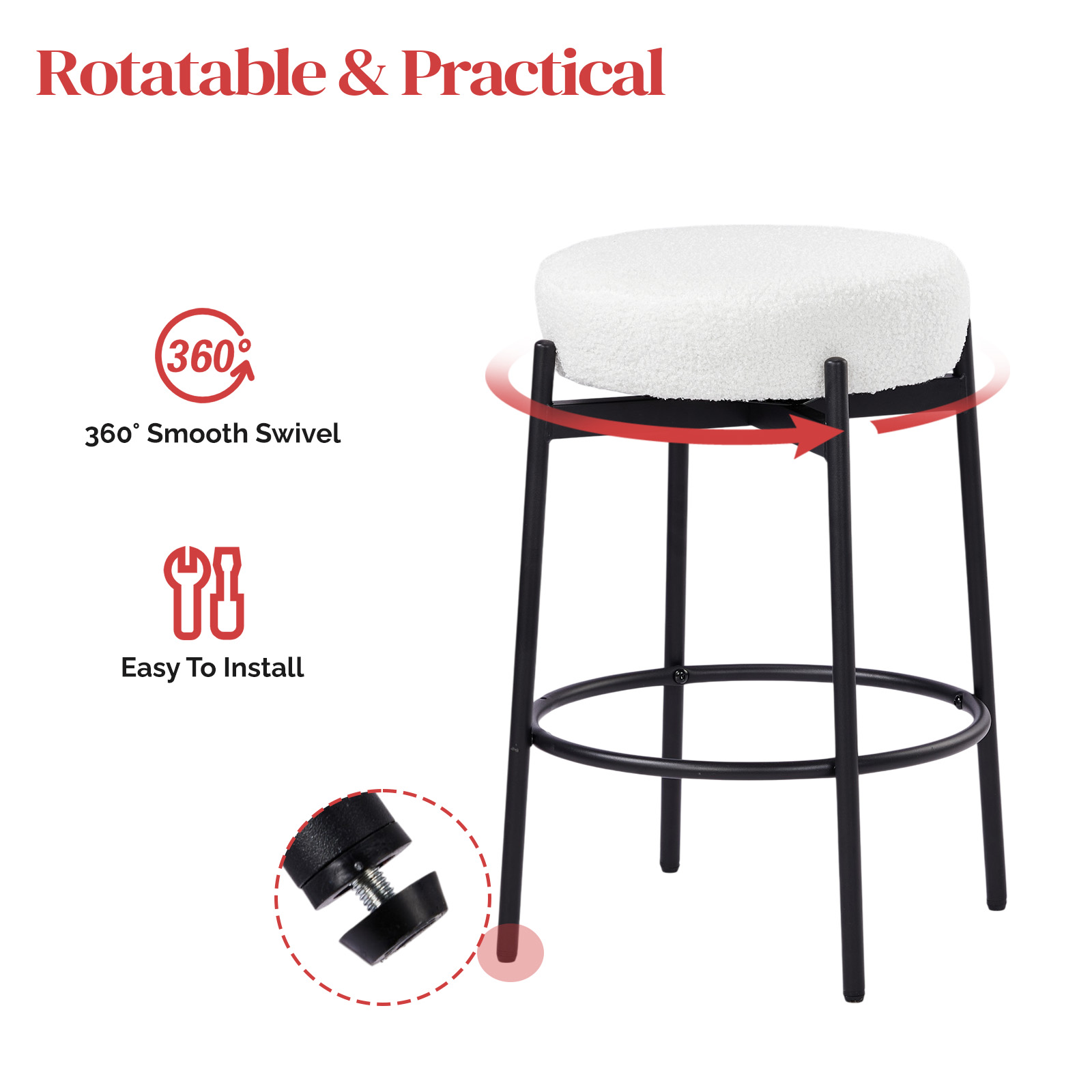 Ktaxon 24" Backless Bar Stools Set of 2, Modern Swivel Barstools with Footrest, Teddy Fleece Padded Counter Height Barstool Chairs 2 pcs, White