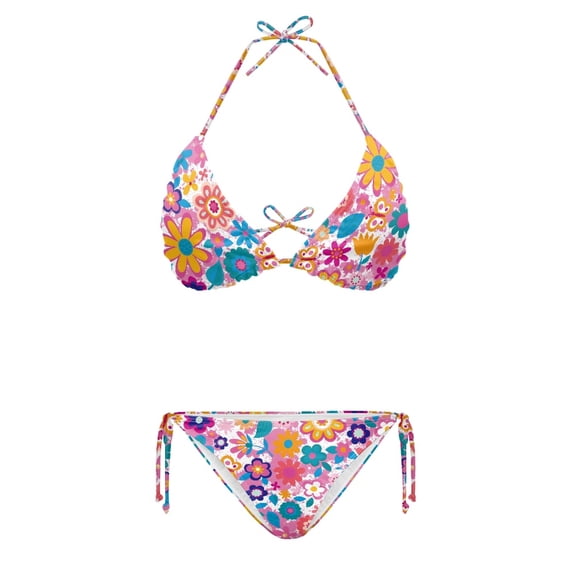 HELLHERO Vibrant Floral Butterfly Print Two Piece Bikini Set Sexy Backless Swimwear for Women Quick Dry Adjustable Halter Beach