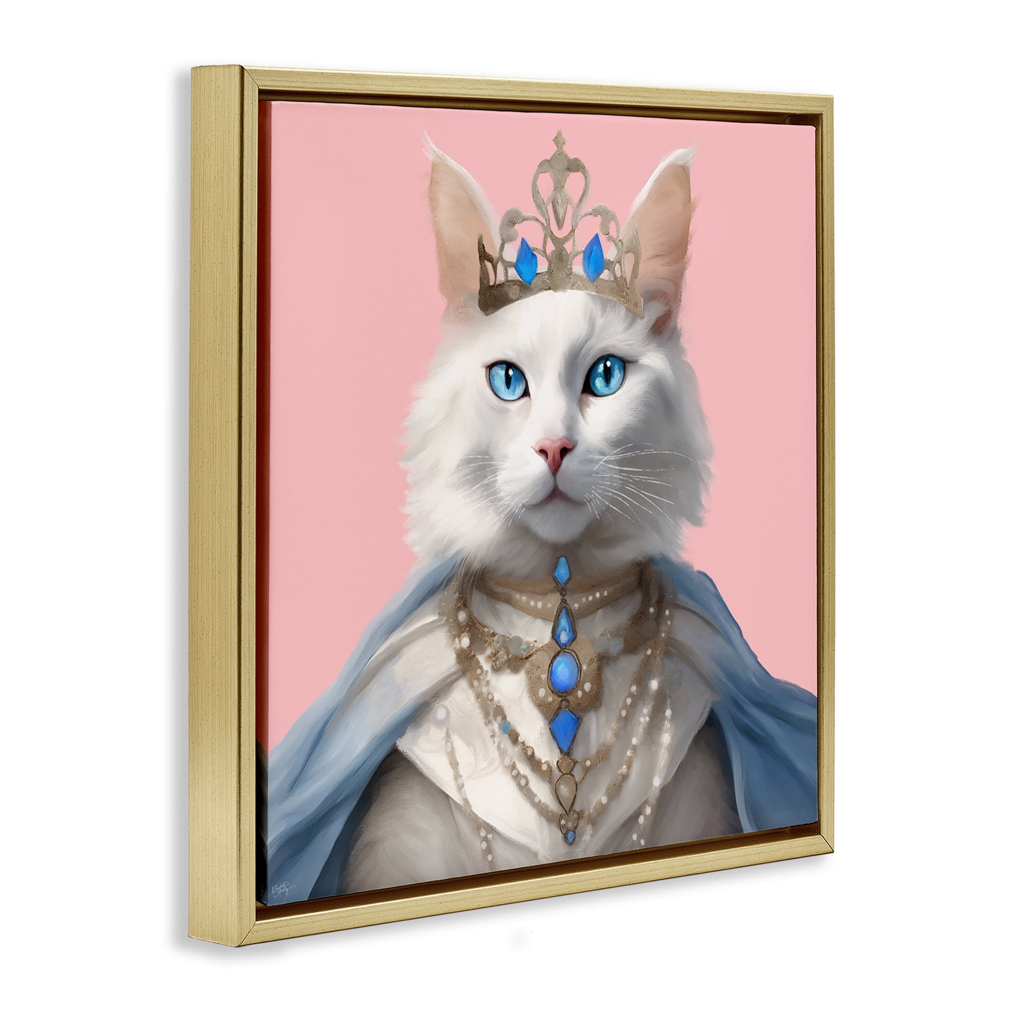 Stupell Industries Feline Princess with Crown Novelty & Humor Painting Gold Floater Framed Canvas Art Print Wall Art, 18 x 18