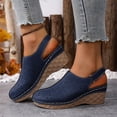 thumbnail image 2 of Hollow out Mules for Women Closed Round Toe Wedge Sandals Trendy Stitching Leather Adjustable Slingback Platform Heels Navy Size 9, 2 of 6
