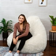 Big Joe Lotus Foam Filled Teardrop Bean Bag Chair, Ivory Short Shag, Soft Faux Fur, 4 feet Big