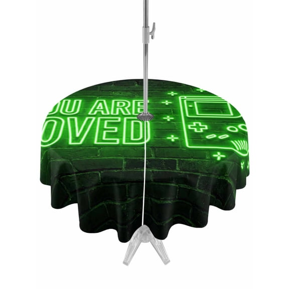 Outdoor Tablecloth with Umbrella Hole for Patio/Picnic/Party/Camping, Green Video Game Waterproof Table Cloth Round Cover Washable, Black Modern Text Graffiti Brick (Dia 60")