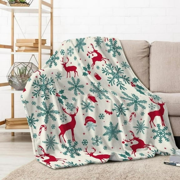 Christmas Throw Blanket Holiday Reindeer Snowflakes Fleece Blanket Green Winter Snowflakes Throw Blanket Christmas Snowflake Blanket Soft Plush 40x50