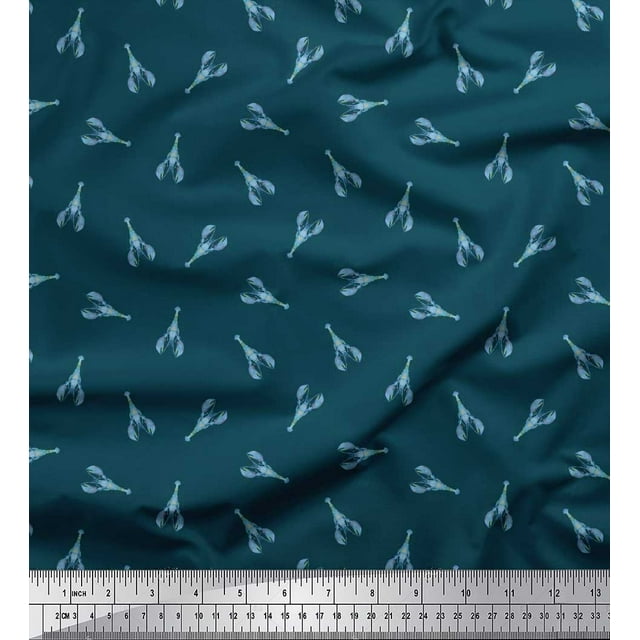 Soimoi Blue polyester Crepe Fabric Sea Prawns Ocean Print Fabric by Yard 42 Inch Wide