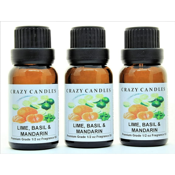 Crazy Candles Lime &, Basil with Mandarin (Made in USA) 3 Bottles 1/2 Fl Oz Each (15ml) Premium Grade Scented Fragrance Oil