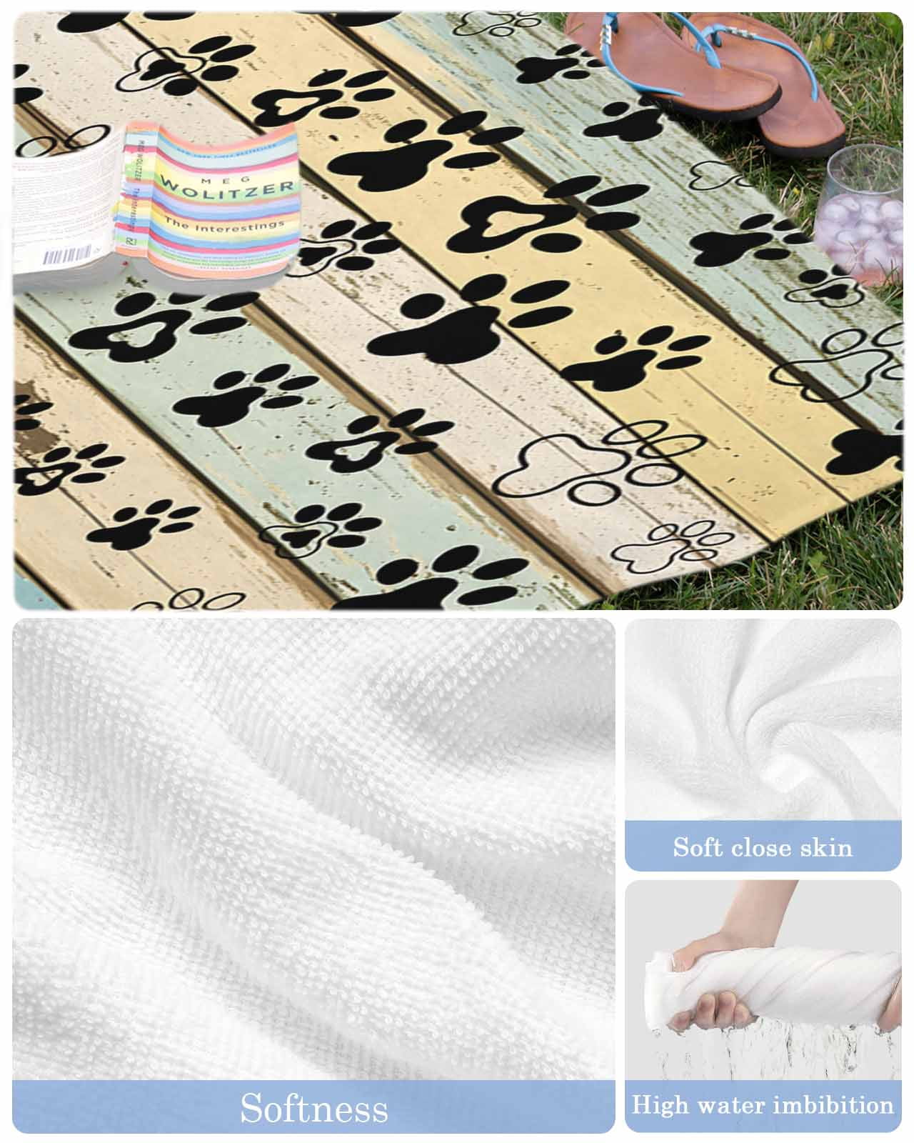 Teal Brown Paw Prints Beach Towels Oversized Super Absorbent, Vintage Farmhouse Wooden Grain Lightweight Bath Towel Quick Dry Sets For Bathroom/Pool/Rv Camping/Beach Play/Gym Room/Picnic 23"x47"