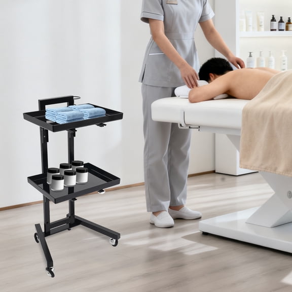 2-Tier Salon Trolley, Salon Rolling Cart W/Hairdryer Holder, Trays, and Wheels