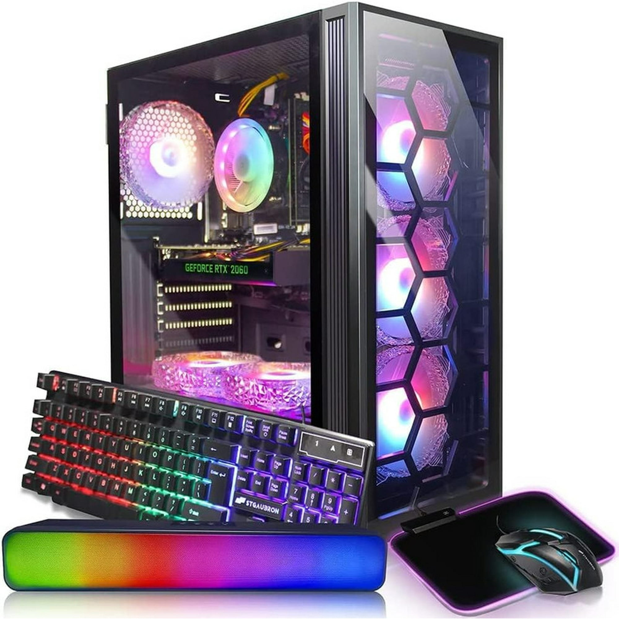 STGAubron Gaming Desktop PC Intel Core I7 3.4 GHz up to 3.9 GHz GeForce RTX 2060 6G GDDR6 16G 512G SSD WiFi BT 5.0 RGB Fanx6 RGB Keyboard Mouse Mouse Pad RGB BT Sound Bar W10H64 Walmart