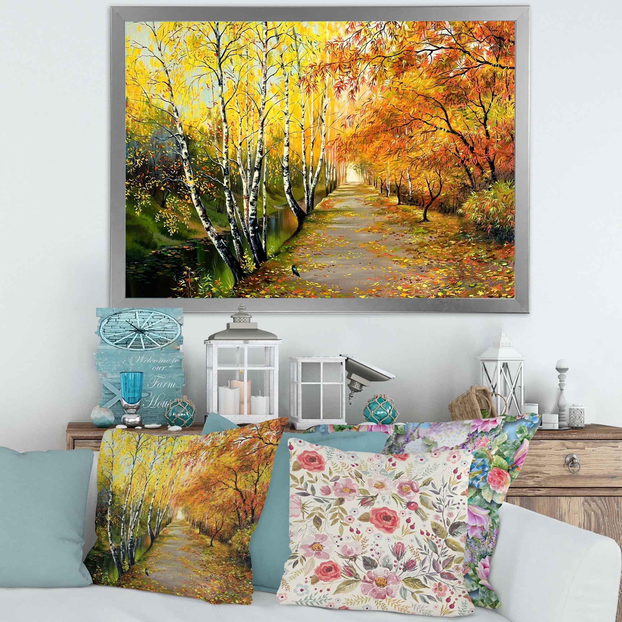Designart 'Path Through The Autumn Woods Along River' Traditional Framed Art Print